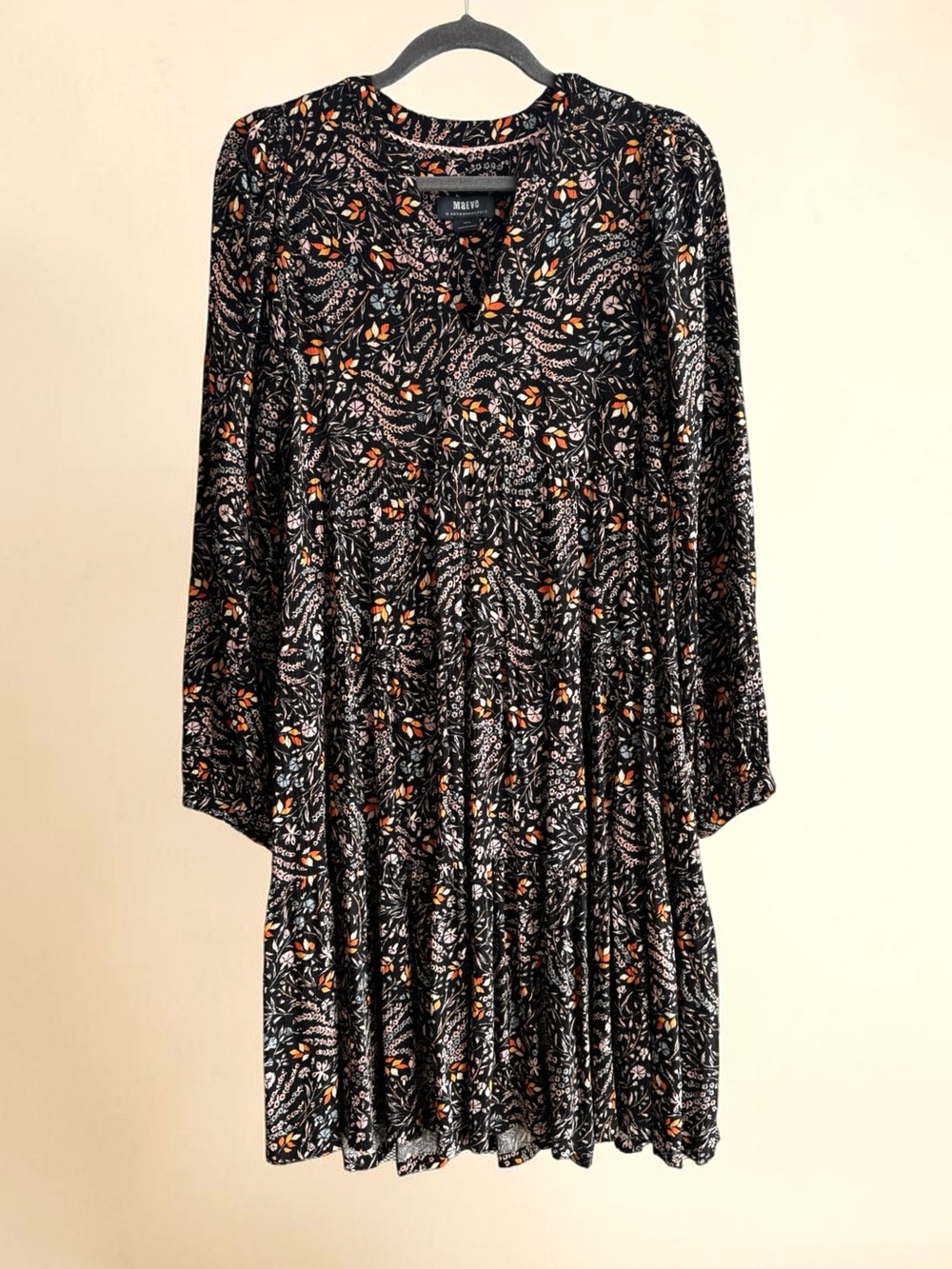 Anthropologie | Maeve Black Floral Long Sleeve Dress Tiered Babydoll Size S